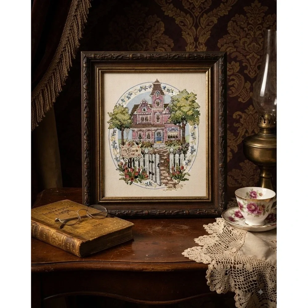 Handmade Victoria Inn Cross Stitch Pink Victorian House Wall Art 14x11 Unframed